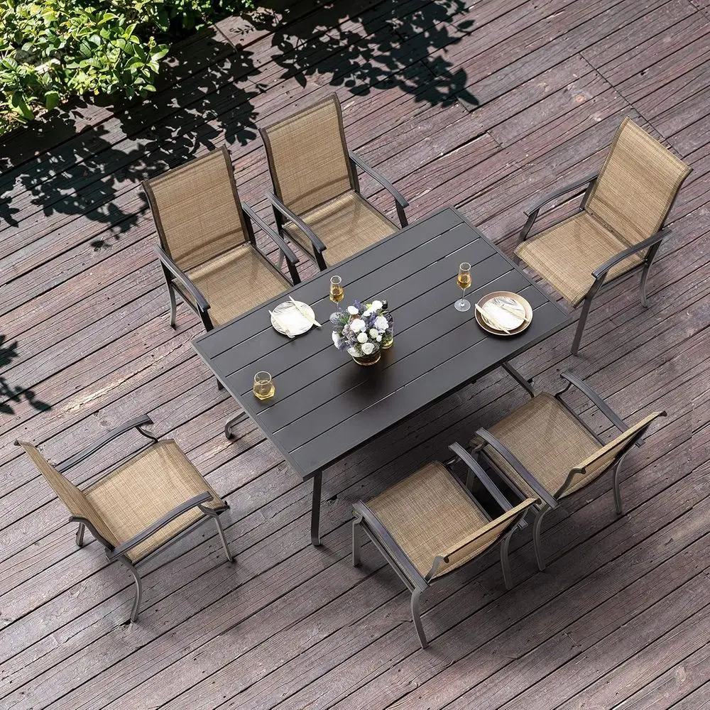 

7 Pieces Patio Dining Set, All-Weather Outdoor urniture with 6 Textilene Dining Chairs and 61" RecMetal Dining Table with Umbrel