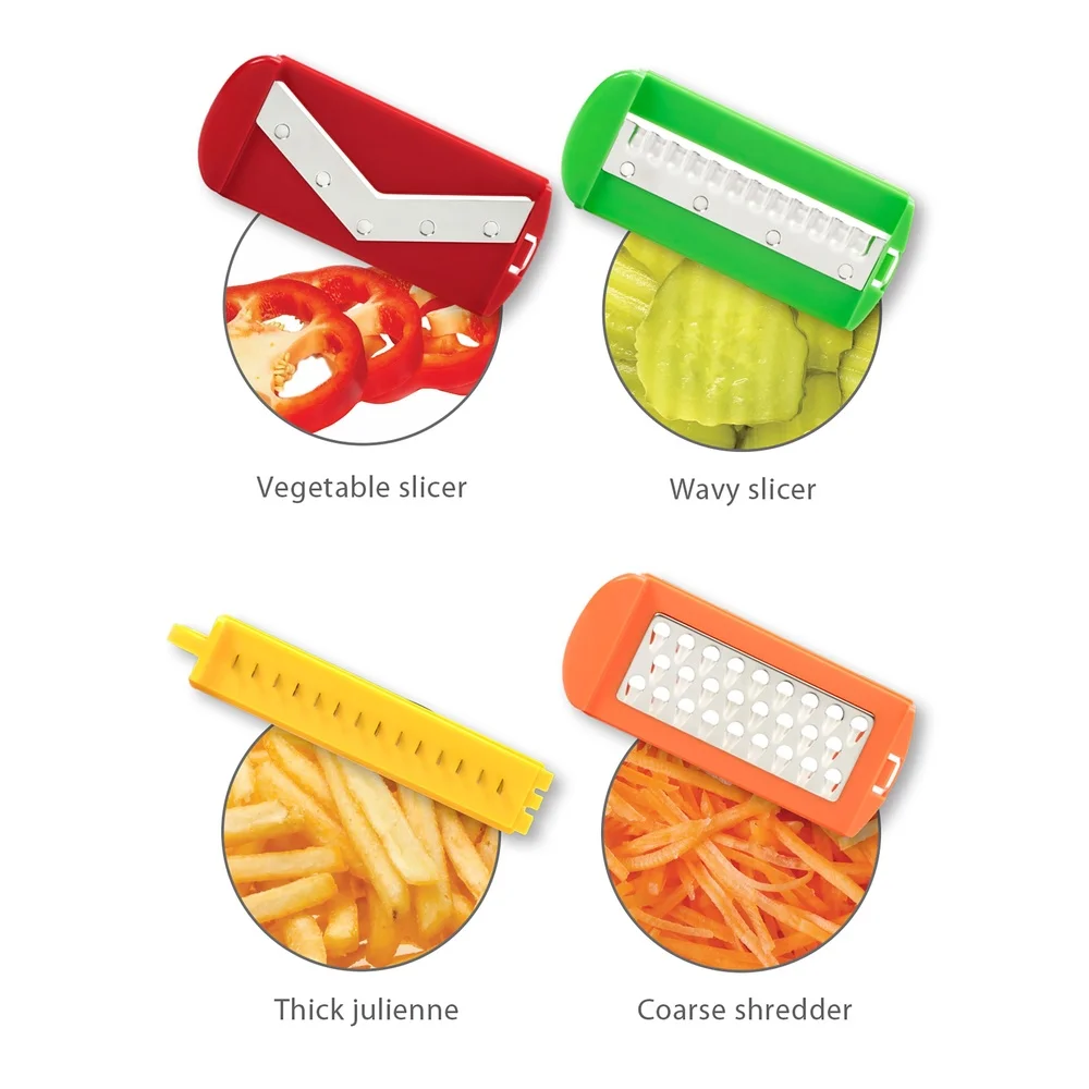 Rebanador de mandolina profesional con 4 cuchillas afiladas, rejilla para cortar juliana y recoger alimentos, diseño ergonómico, seguro, fácil de usar