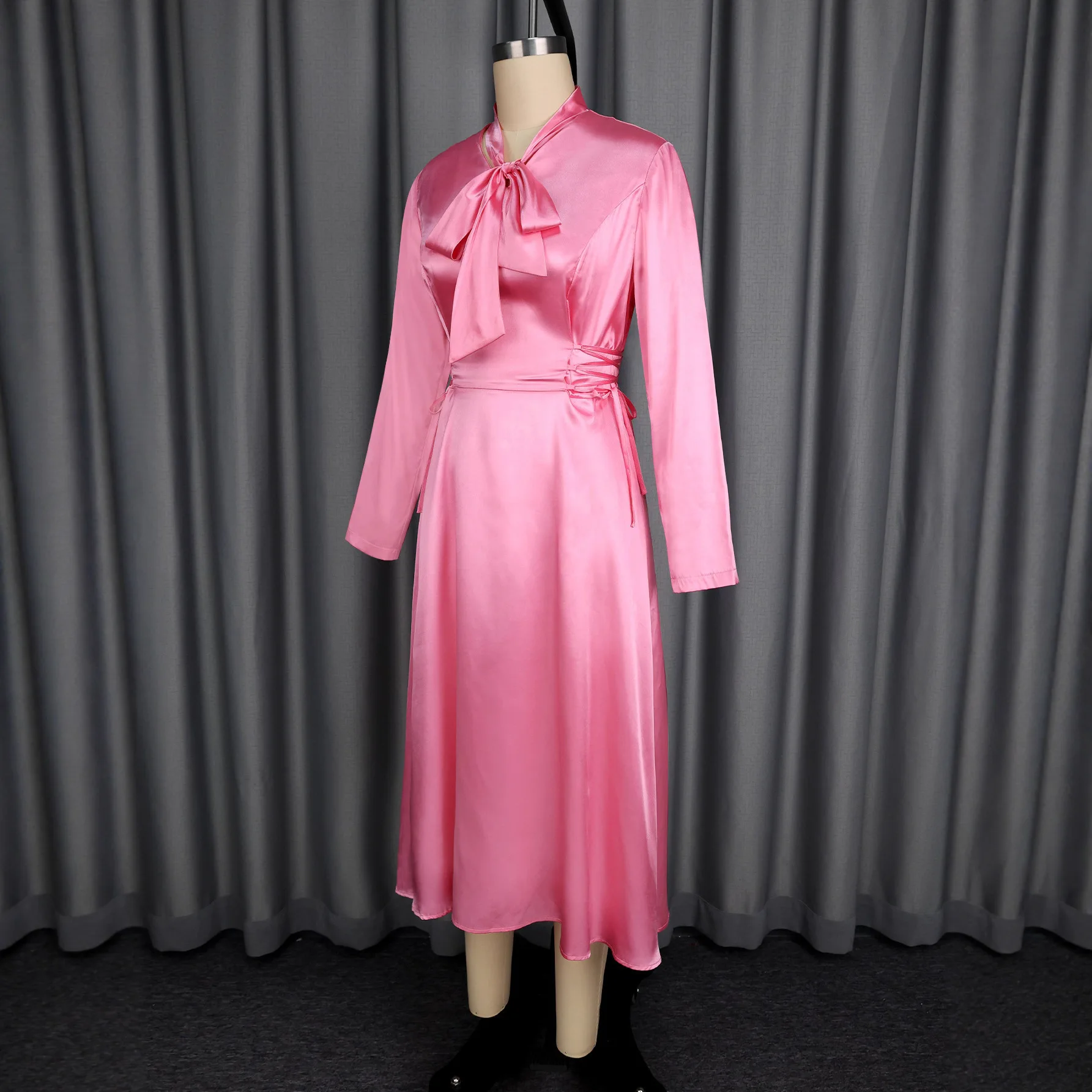 가을 새틴 스탠드 칼라 긴팔 드레스 우아한 리본 허리 조임 이브닝 가운 2025 여름 드레스 로브 베스티도 여성용