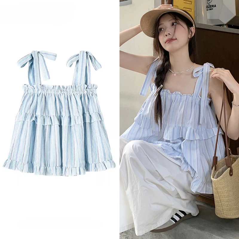 Women's Off-sholuder Sleeveless Straps Lace-up Loose Striped Camisole Summer Seaside Resort Style Suspender Tops Female Clothing