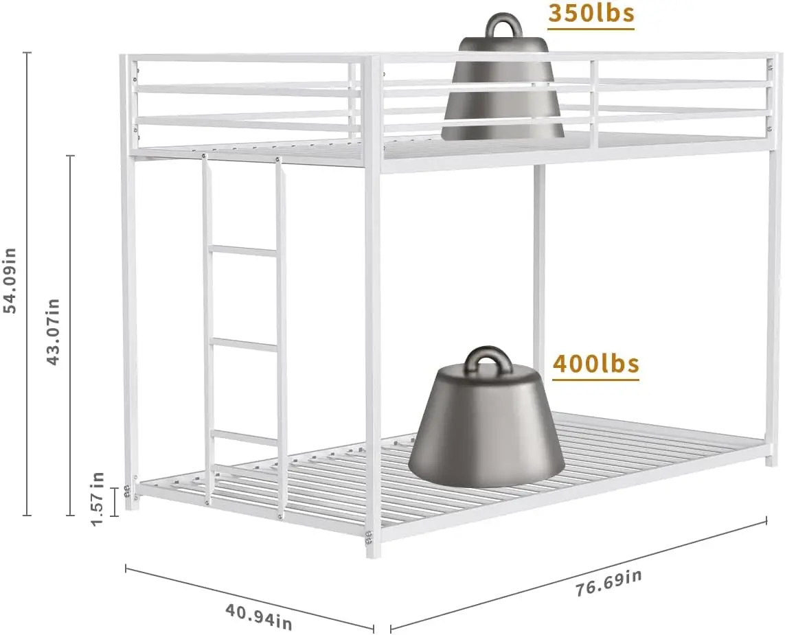 Twin Over Twin Bunk Bed - Lifesky Metal Low Profile Bunkbed With Side Ladder White