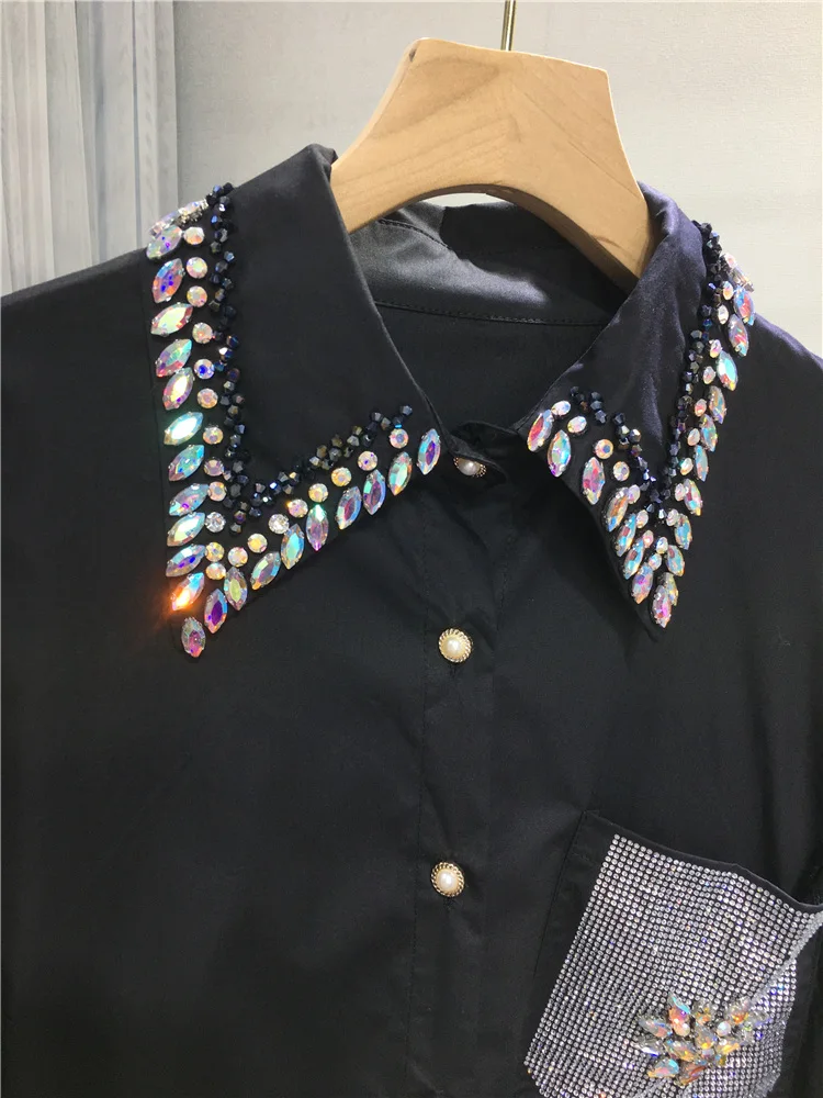 Hot Drilling Long Sleeve Black Blouse Women 2024 Spring Autumn Fashion Rhinestone Lapel Single Breasted Loose White Shirt Female