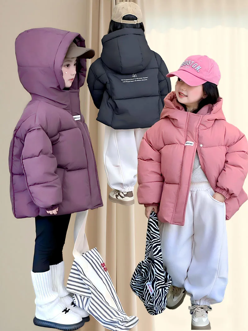 

MILANCEL New Winter Kids Padded Jacket 3-10Y Solid Color Thicken Girls Hooded Coat Korean Version Children Bread Jacket
