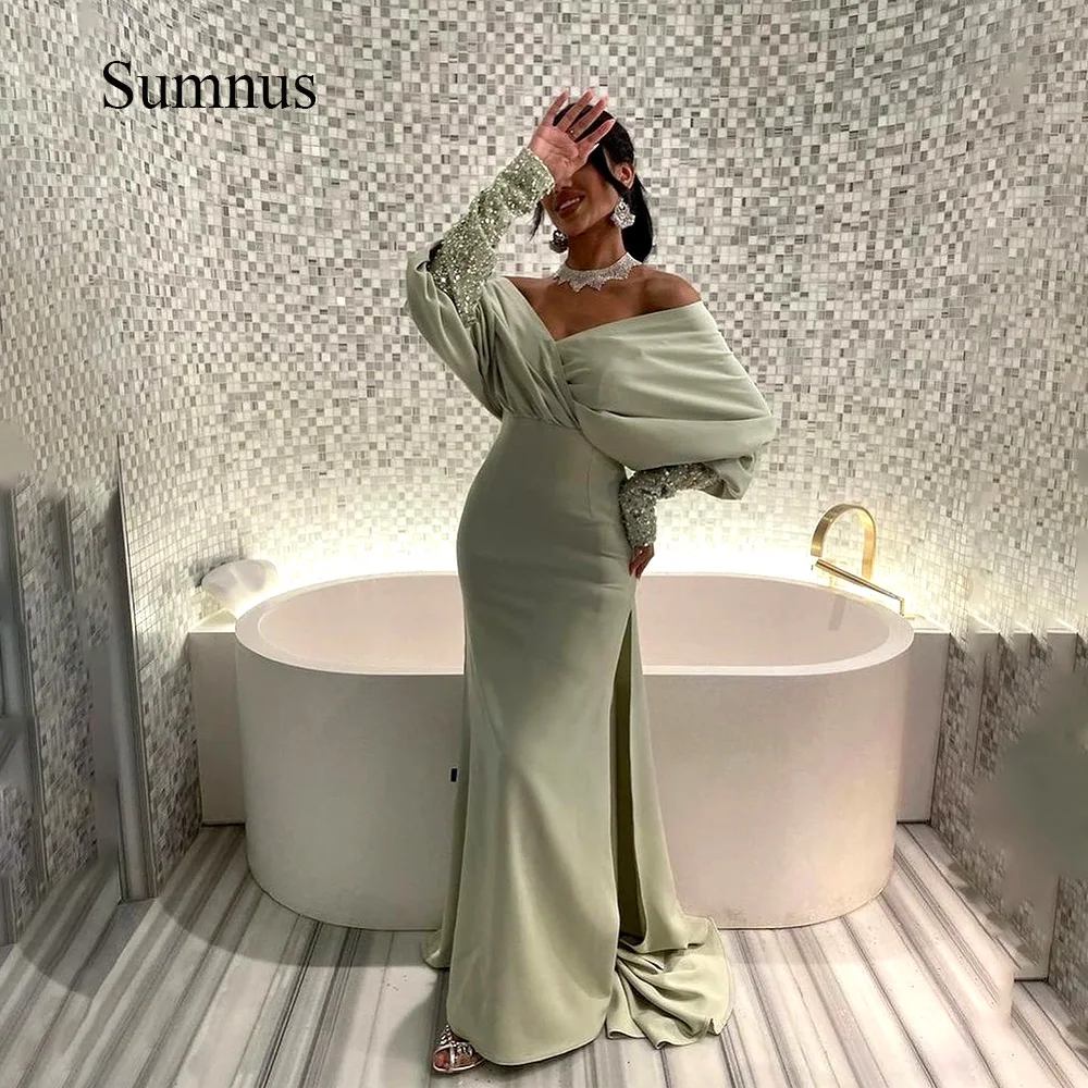 Sumnus Saudi Arabic Mermaid Evening Party Gowns Sexy Off Shoulder Sequins Long Sleeve Dubai Wedding Party Dresses with Train