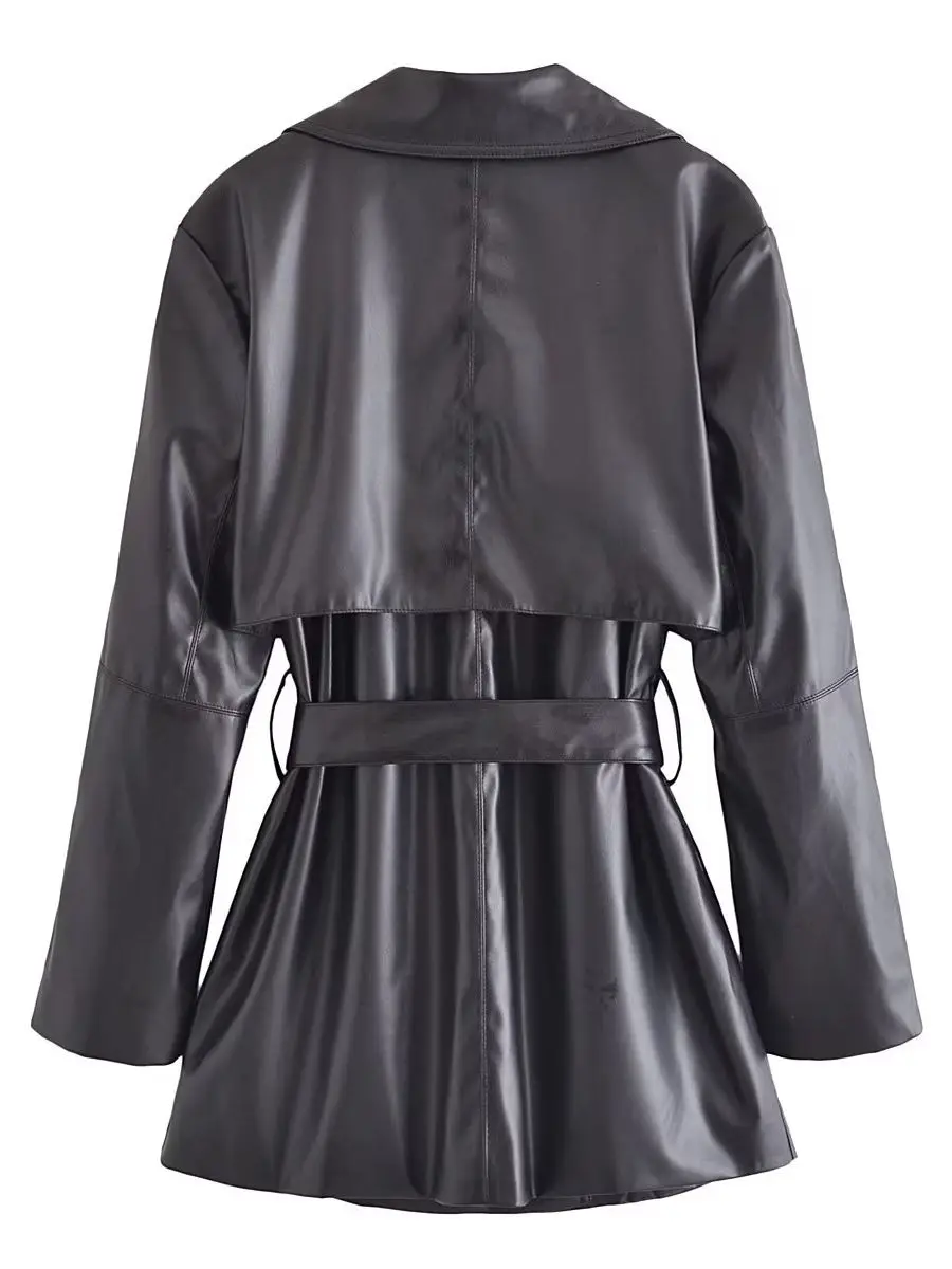 Damesmode Met Riem Faux Lederen Trenchcoat Vintage Lange Mouw Zwarte Zakken Dames Bovenkleding Chique Overjas