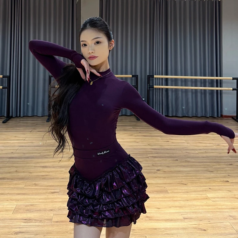 Herfst Winter Latin Dans Kleding Vrouwen Lange Mouwen Tops Taart Rok Volwassen Praktijk Kleding Rumba Cha Cha Voeren Jurk NV25486