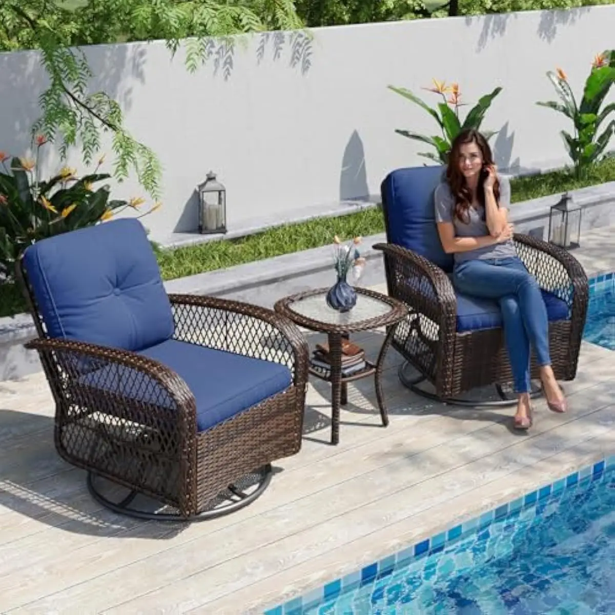 3-Piece Modern Outdoor Bistro Set Featuring 2 Swivel Rocking Chairs with 360-Degree Rotation and Smooth Gliding Motion Plus Temp