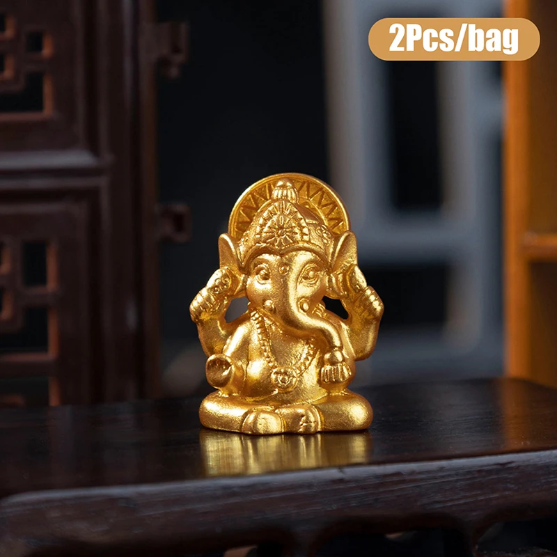 2Pcs Mini Ganesha Buddha Statue Gold Elephant Miniture Figurines Home Decor Desktop Ornament