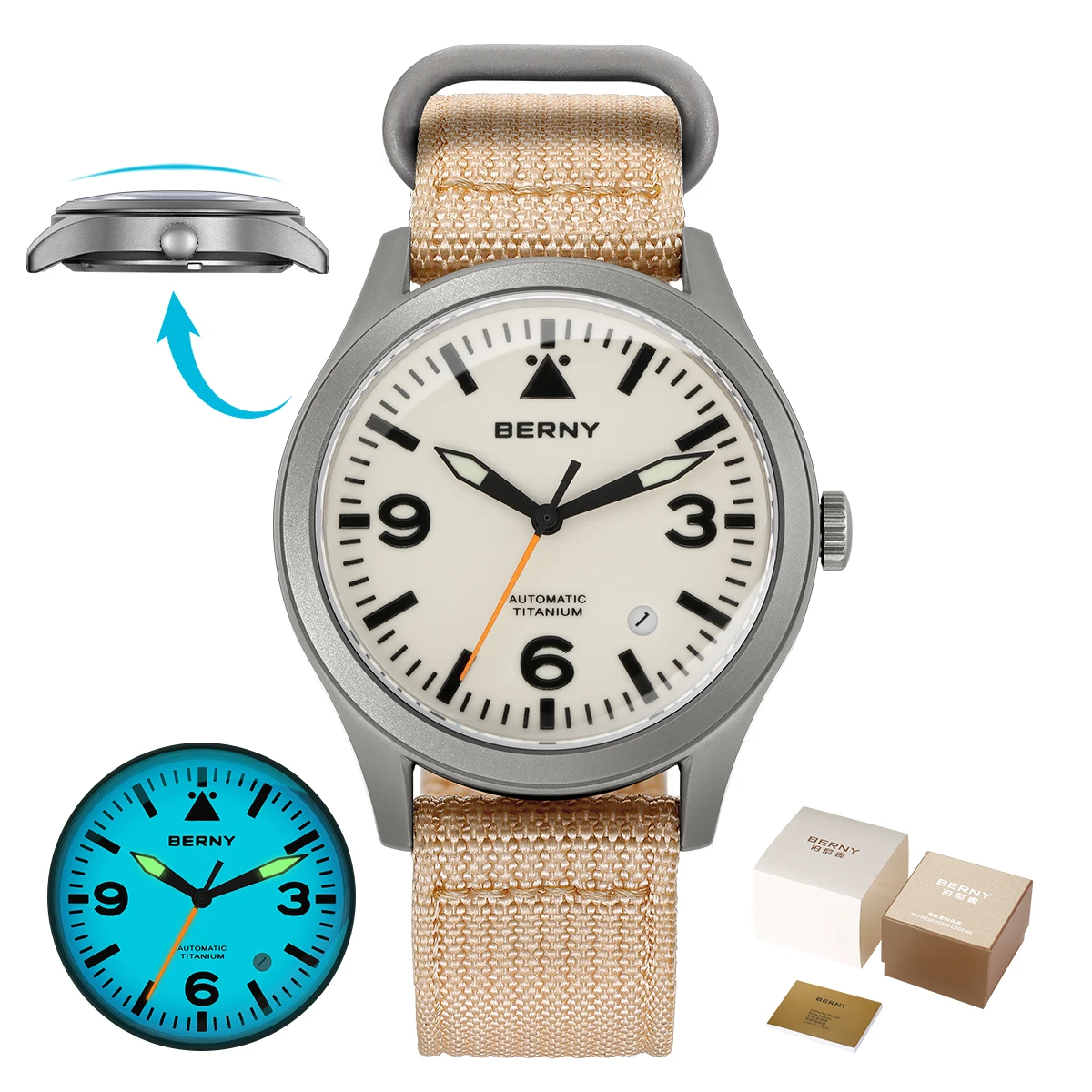 BERNY Volledig titanium automatisch horloge voor heren Saffier AR gecoat 10Bar Avondmaal Lichtgevend herenhorloge Sport Luchtvaart Herenhorloges