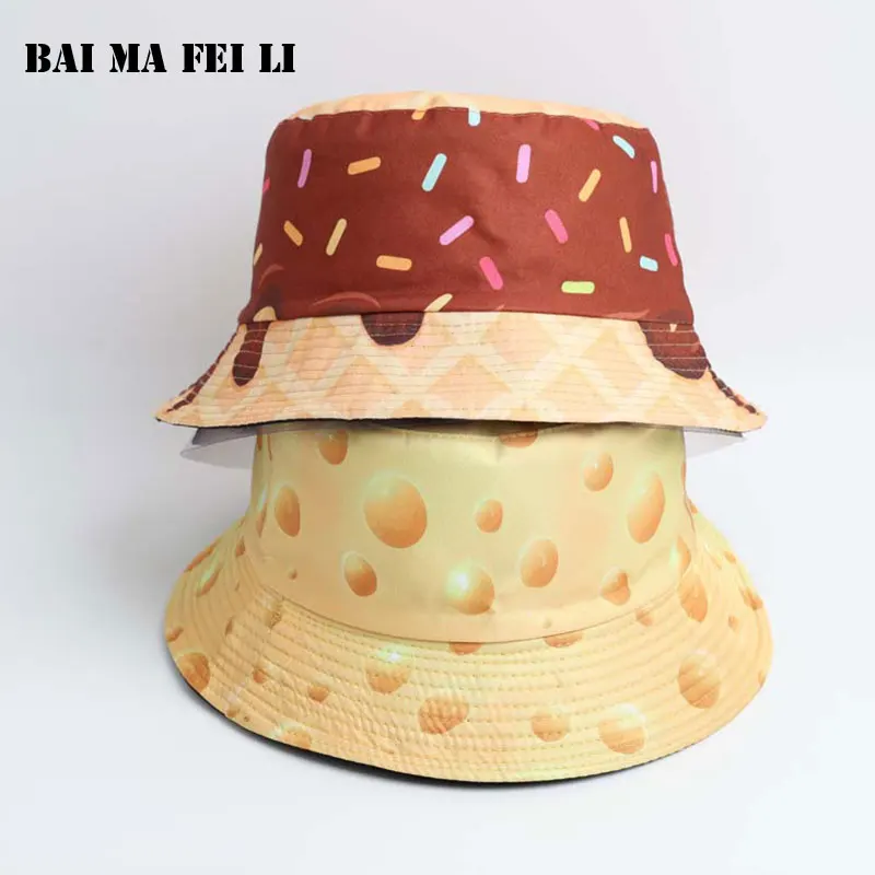 Summer Double Sided Cheese Print Bucket Hat Foldable Sun Hat Versatile Portable Outdoor Travel Fisherman Cap
