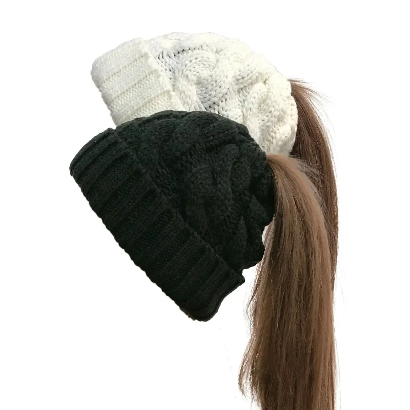 Winter Hats Beanies Knitted Women Caps Twist Crochet Winter Hats For Female Pompom Beanie Ear Braid Ponytail Girls Skullies Hat