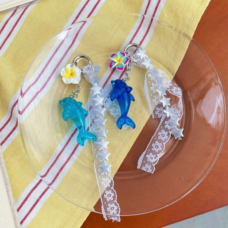 Summer Bag Charm Keychain with Dolphin and Flower Design, Metal Ring and Chain for Keys, Backpacks and Pouches 6XDA