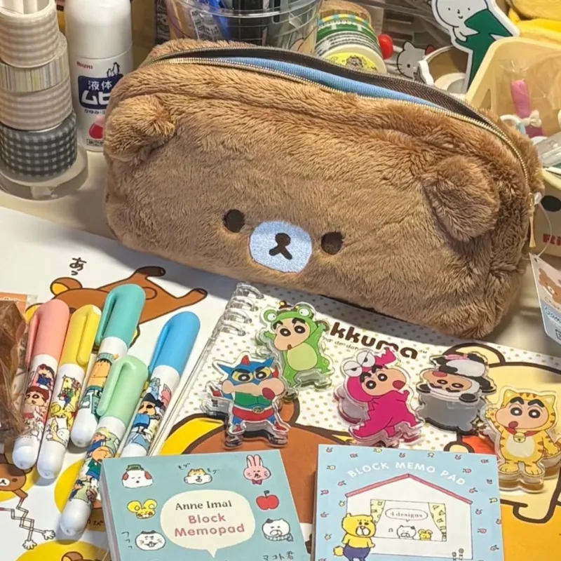 Rilakkuma Plush Pencil Case Cute Embroidered Little Bear Plush Ears Makeup Bag Fashion Big-Capacity Pencil Bag Plush Pen Pouch