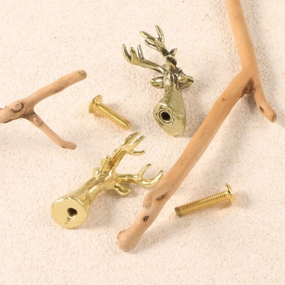 Retro Brass Cabinet Pull Single Hole Furniture Hardware Solid Deer Head Drawer Handle Push-pull Animal Series