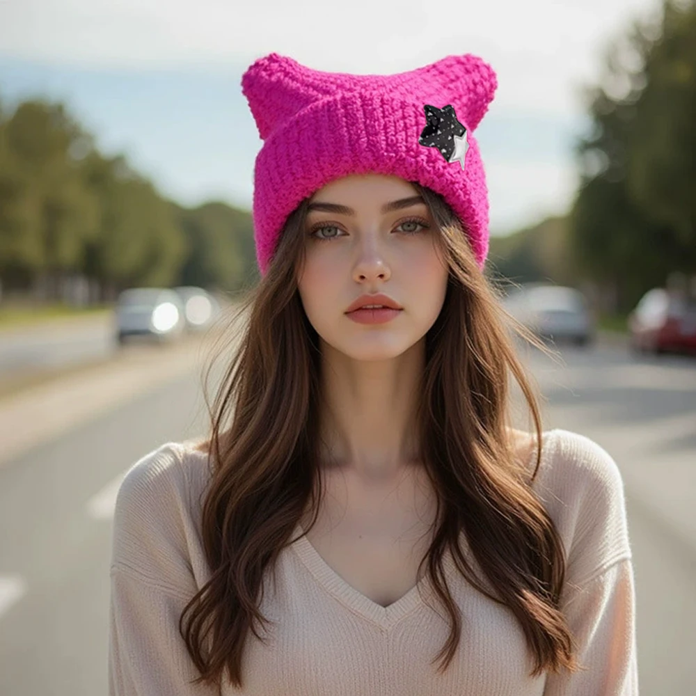 الشيطان الصغير اليدوية محبوك قبعة مخططة y2k آذان لطيف عارضة قبعة محبوكة دافئة