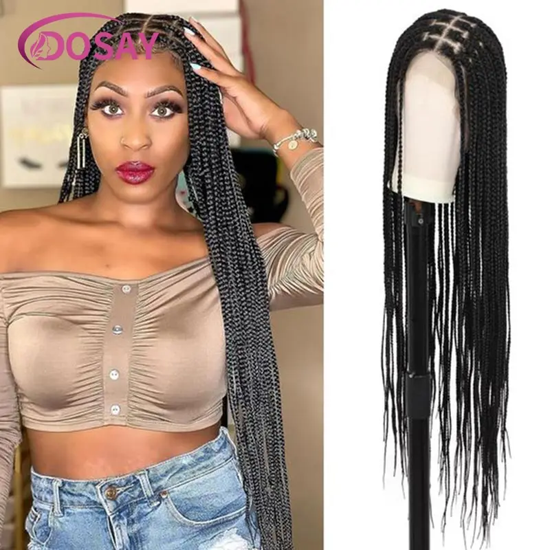 Sintético laço frontal Cornrow perucas para mulheres, caixa Knotless trançado perucas, completamente transparente, 36"