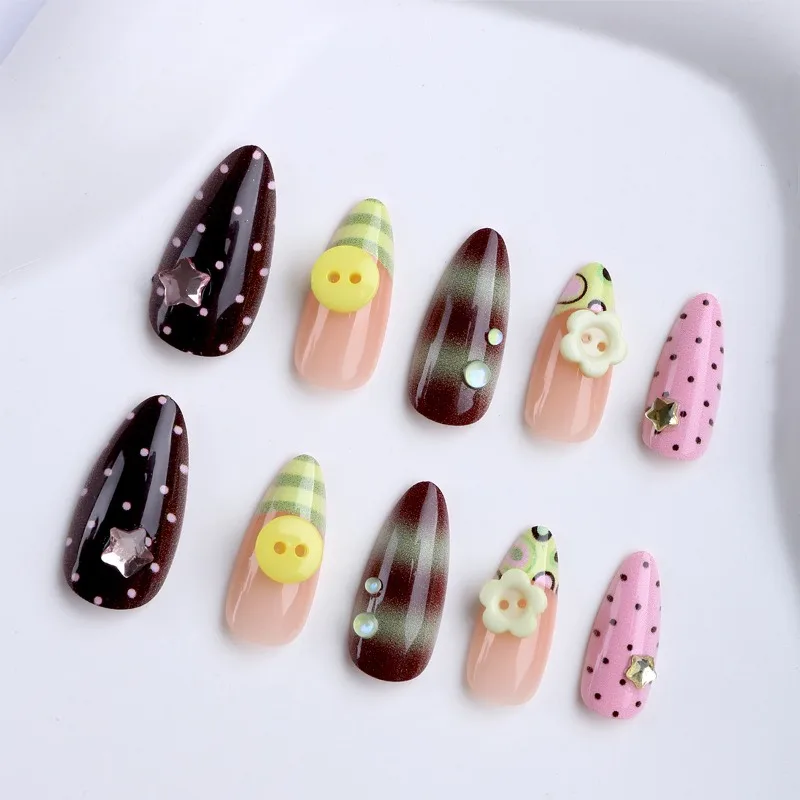 24PCS Retro Green Smudging French Press on Nails 3D Button Design Almond False Nails Sweet Pink Polka Dots Fake Nails Full Cover