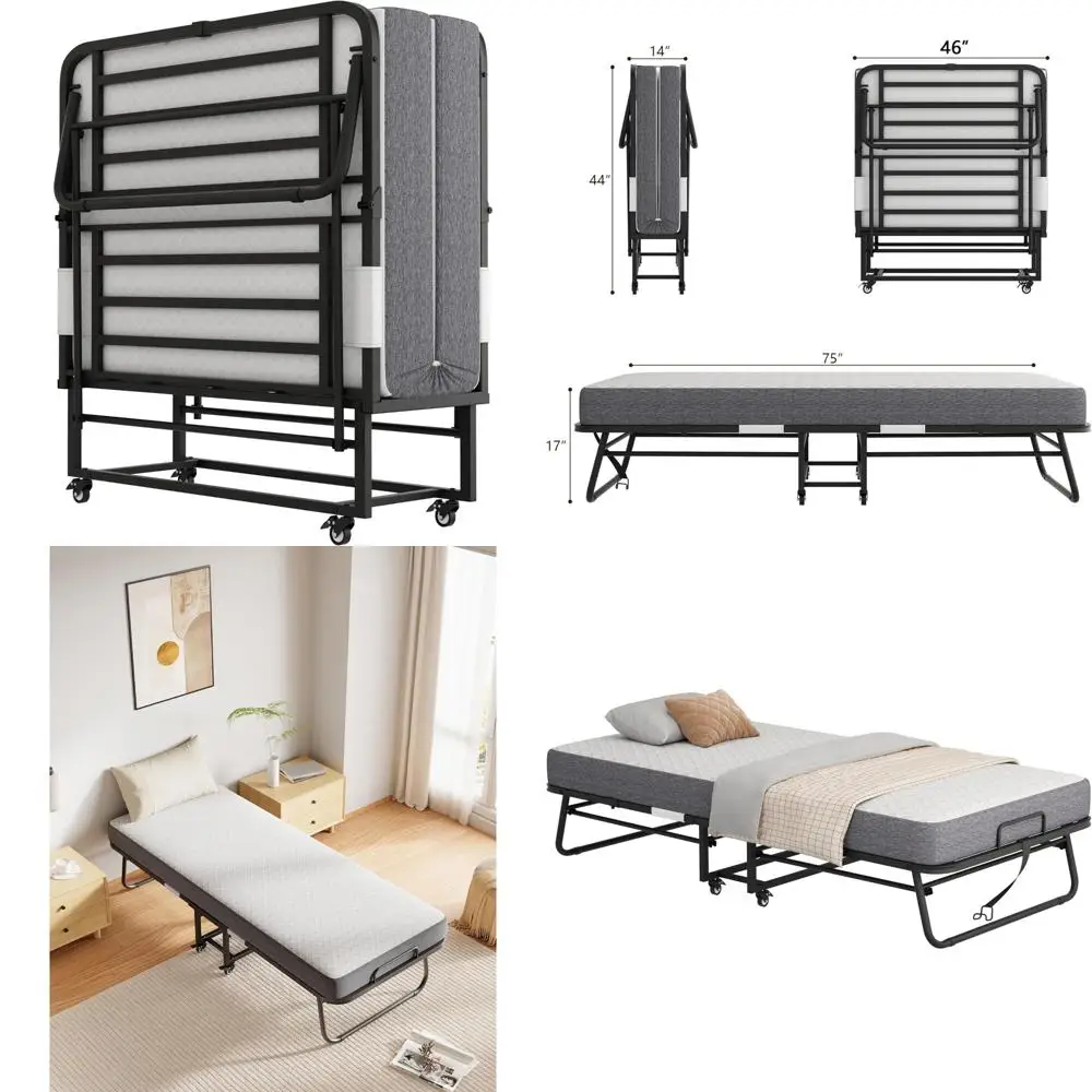 Przenośne składane łóżko pojedyncze z materacem z pianki memory dla dorosłych - oszczędzające miejsce łóżko dla gości, łóżko na kółkach
