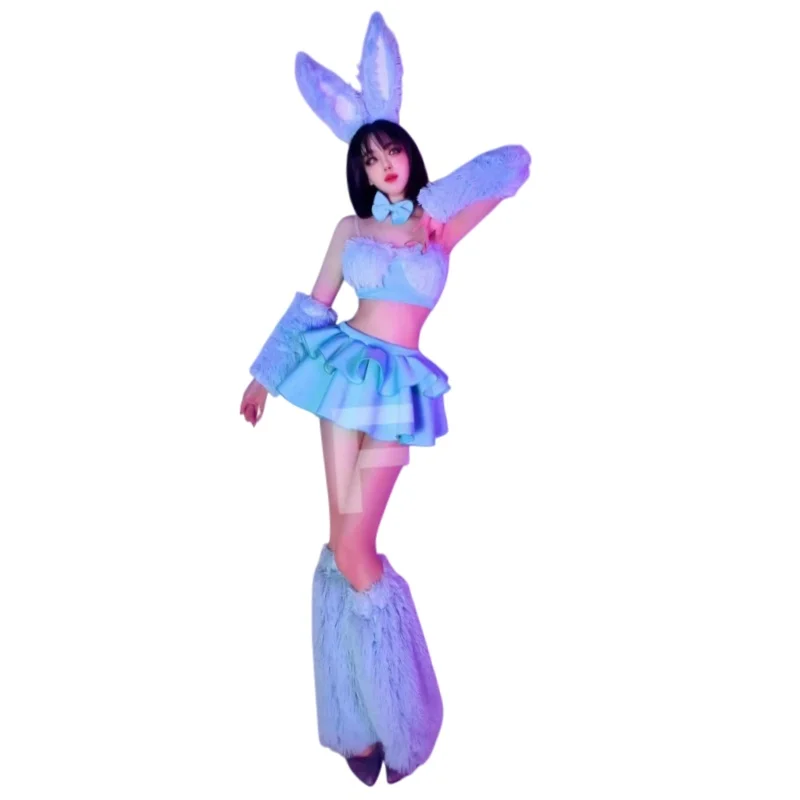 

Bar Nightclub Dance Team Sexy Gogo Costume Pink Blue Purple Plush Bikini Leg Cover Set Club Party Show Festival Rave Outfits