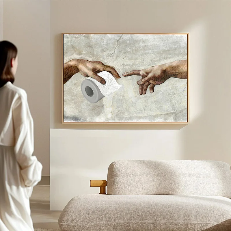 Funny The Creation of Adam Toilet Paper Diamond Wall Art Classical Painting Poster Humorous Print Bathroom Restroom Wall Decor