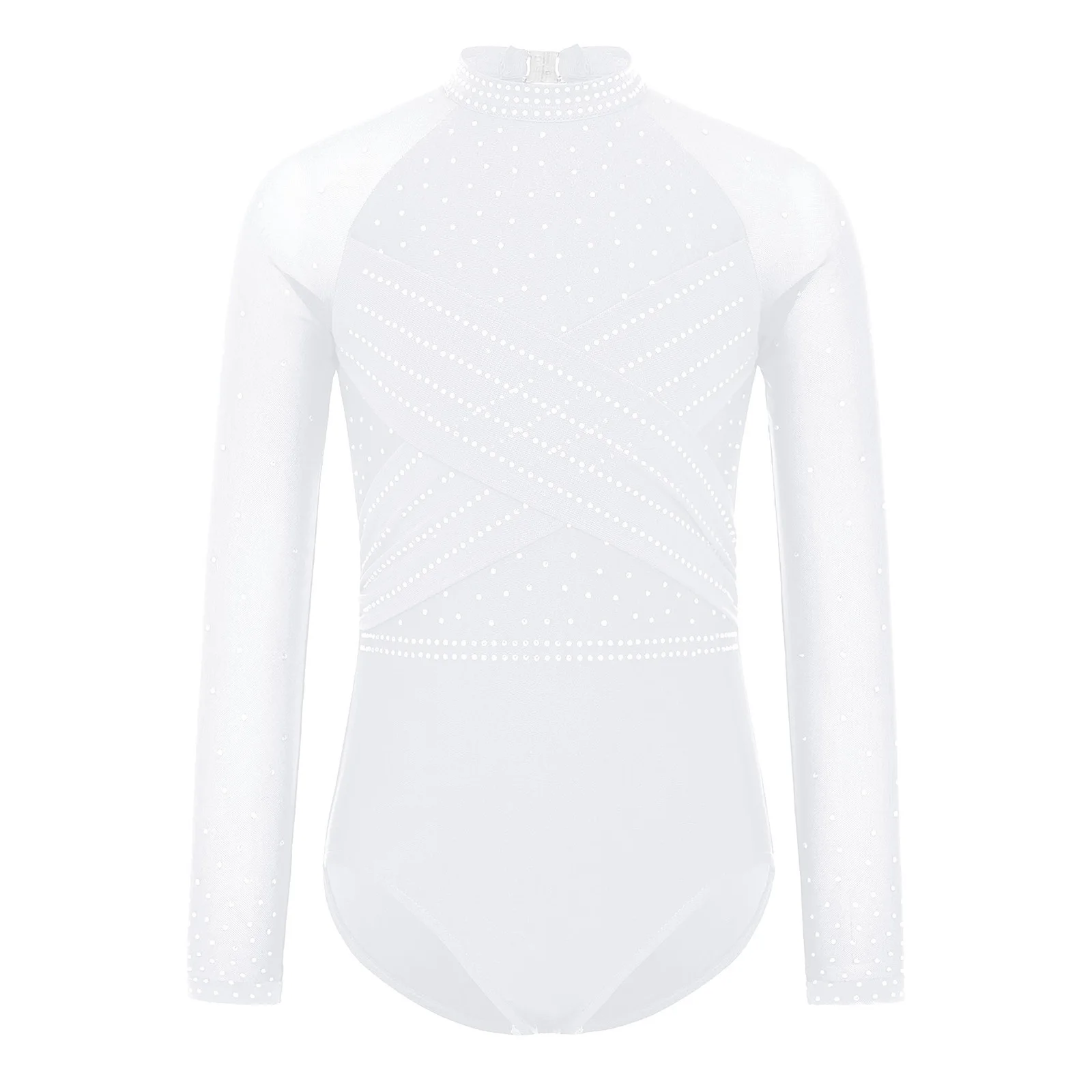Teen Girls Ballet Dance Rhythmic Gymnastics Bodysuit Long Sleeve Sheer Mesh Shiny Rhinestones Figure Skating Acrobatics Leotard