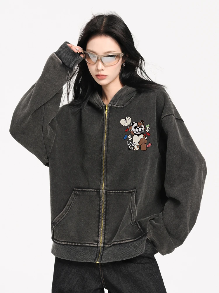 Interesting Puppet Bear Love Me Print Washed Zipper Hoodies Women Autumn Streetwear Cotton Crewneck Hoody Casual Oversize Top