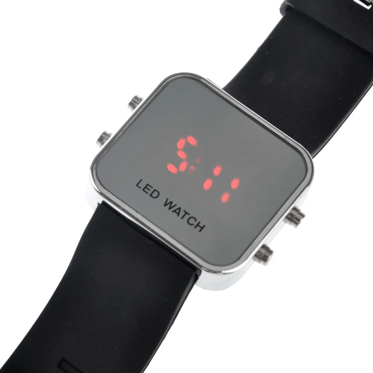 ساعة LED بسوار سيليكون أسود ومرآة وجه للجنسين بحزام من الفولاذ المقاوم للصدأ