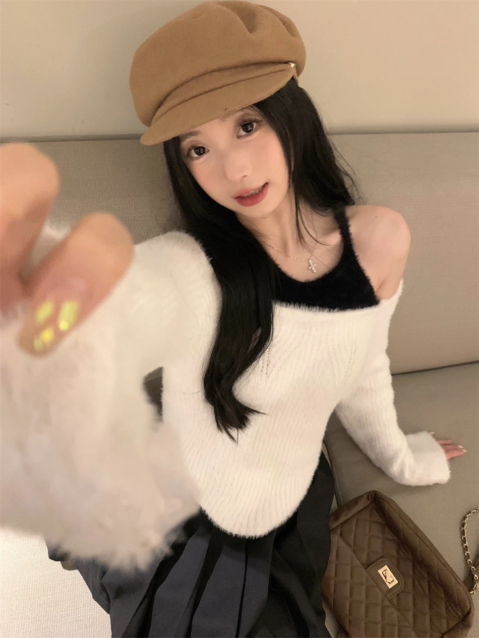 여성용 롱 니트 밍크 벨벳 베이스 슬림핏 스윗 앤 스파이시 걸 퓨어 디자이어 슬레 패치워크 겨울 스웨터 탑