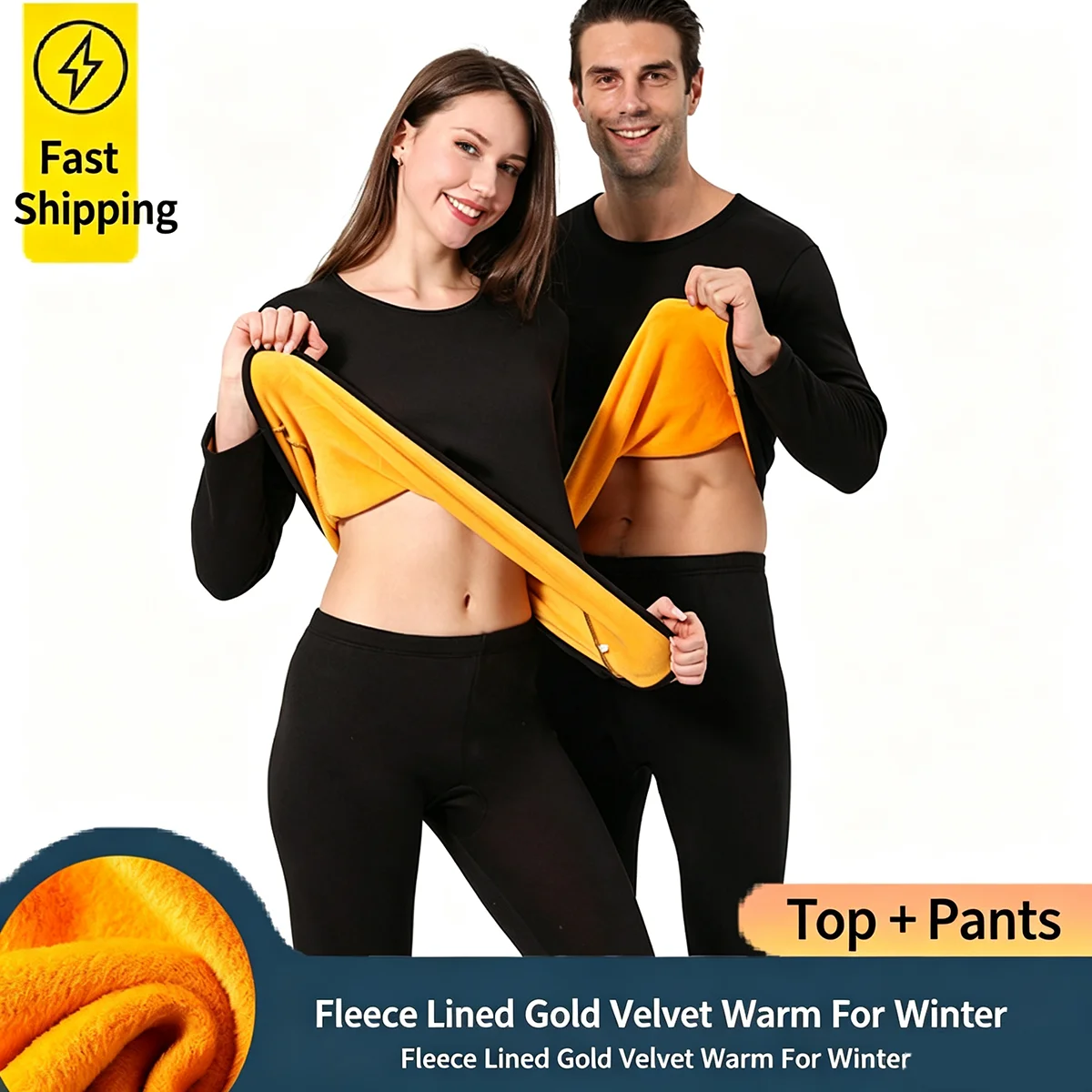 Ensemble de sous-vêtements thermiques Golden Fleece pour femmes et hommes, tenue chaude d'hiver pour couple, sous-vêtements longs à col rond, coupe ajustée et épaisse