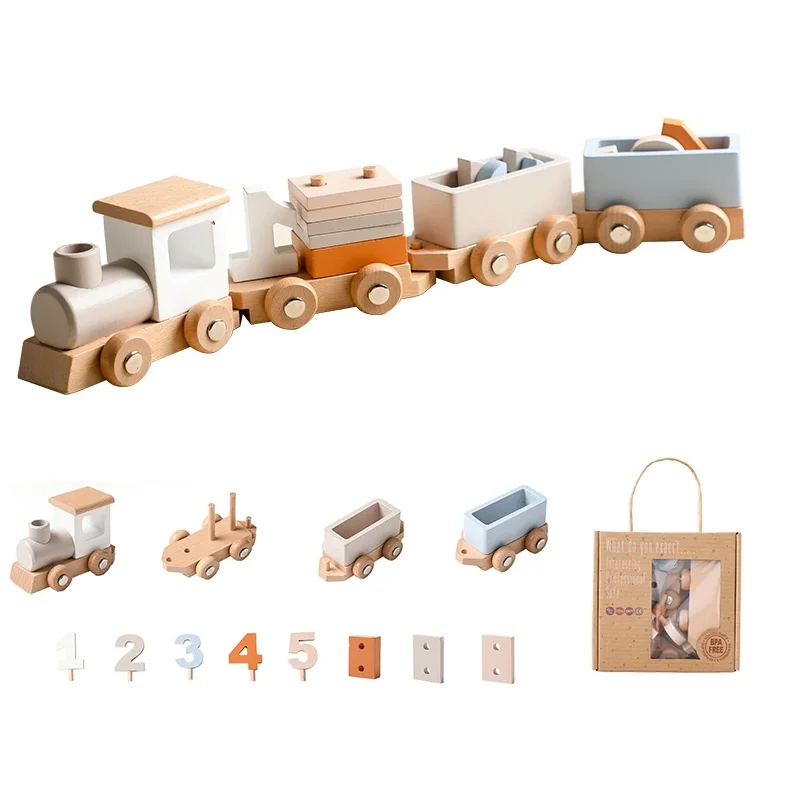 Baby Wooden Montessori Toys Birthday Train Educational Toys Wooden Trolley Baby Learning Toys Number Of Wood Baby\'s Birth Gift