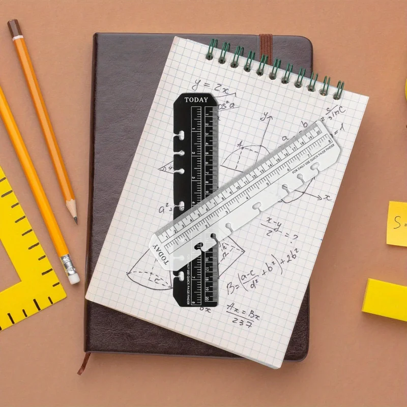 4 Set A5 Size Snap Binder Page Markers - Durable Plastic Bookmark Ruler, Black/Transparent Divider for 6-Hole Notebooks