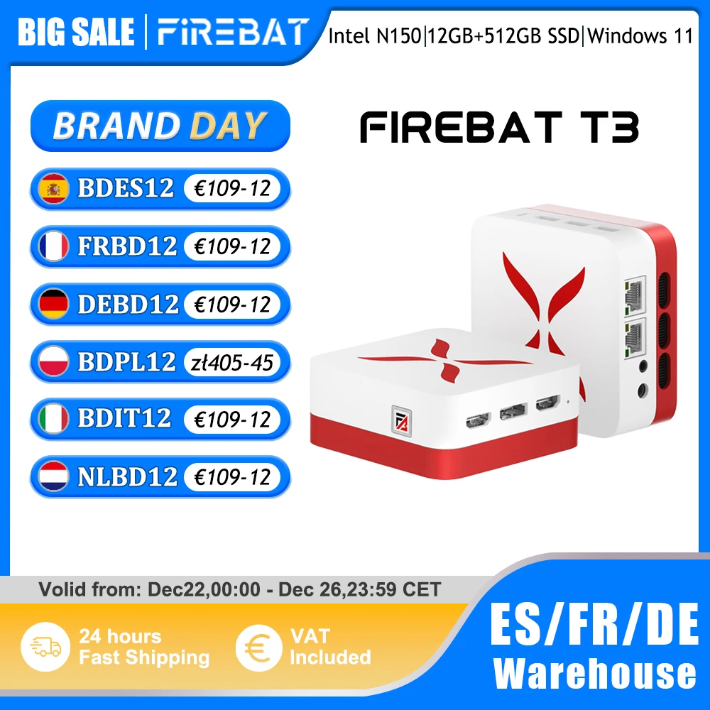 FIREBAT T3 Mini PC Intel N150 CPU Windows 11 12GB DDR5 RAM 512GB SSD Wi-Fi 5 Bluetooth 4.2 HDMI DP USB ordinateur de bureau nu