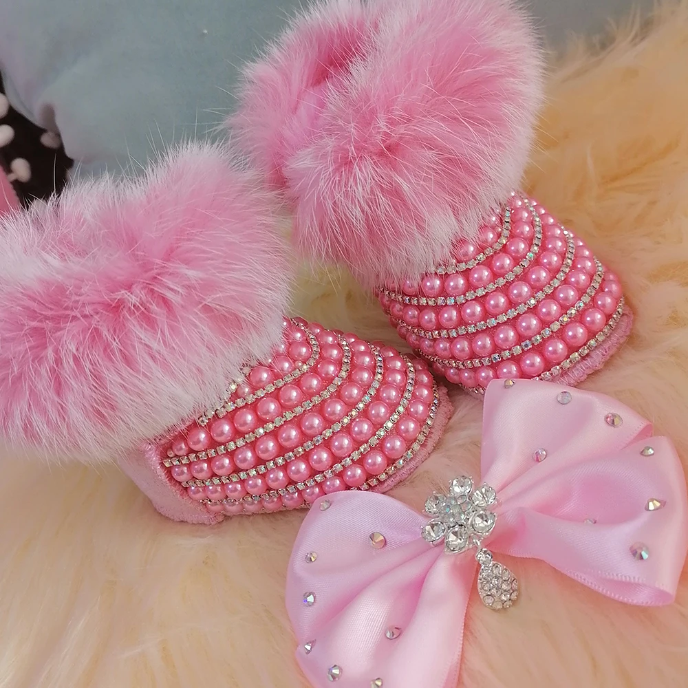 Handmade Bow Hairband Rhinestones Baby Girl Snow Boots Winter Shoes Comb First Walker Sparkle Bling Crystal Princess Shower Gift