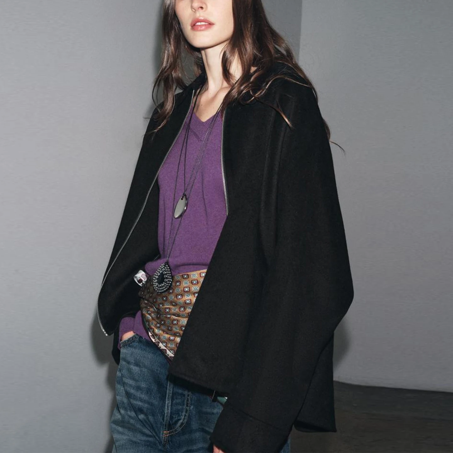 

Z Women's Faion Outerwear 2025 Spring Casual Sle Long Sve Zipper Mix Fabric Cool Aosphere Coat for Ladies