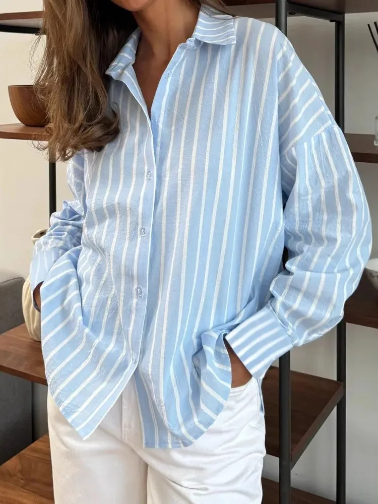 Camisa listrada casual para mulheres moda manga longa turn-down colarinho botão camisas topos senhora elegante escritório roupas femininas novo