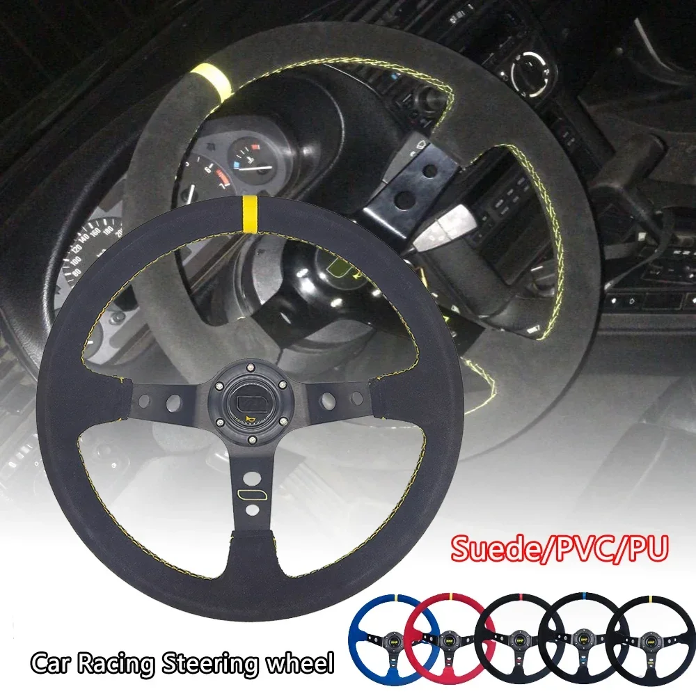 Universal Car Accessories 14 inch 350mm Suede/PVC Car Racing Steering wheels Deep Corn Drifting Sport Steering Wheel With Logo