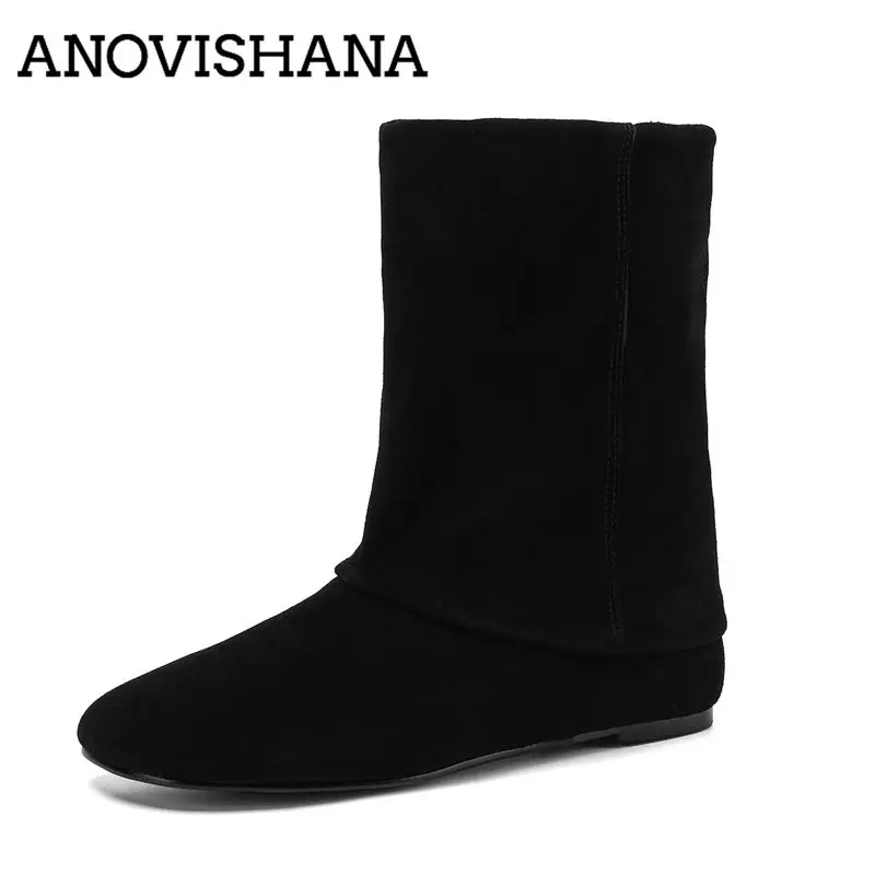 ANOVISHANA Genuine Suede Leather Women Mid Calf Boots Round Toe 3.5cm Increased Heel Slip On Small Big Size 33 42 43 Retro Botas