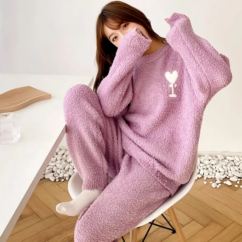 Coral Velvet Pajama Sets Women Thicker Bow Sweet Keep Warm Full-length Comfortable Sleepwear Furry Lovely Homewear Harajuku New