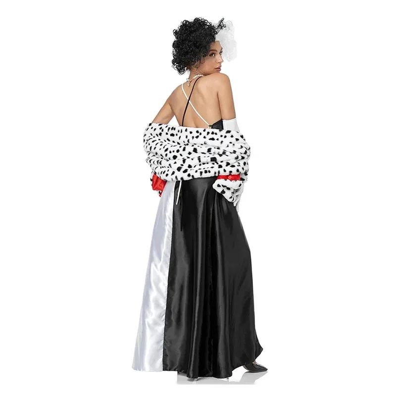 Cruella 101 Dalmatians Dog Dress Cloak Halloween Costume for Woman Disguise Adult Witch Demon Cruella Cosplay Anime Wigs Robe