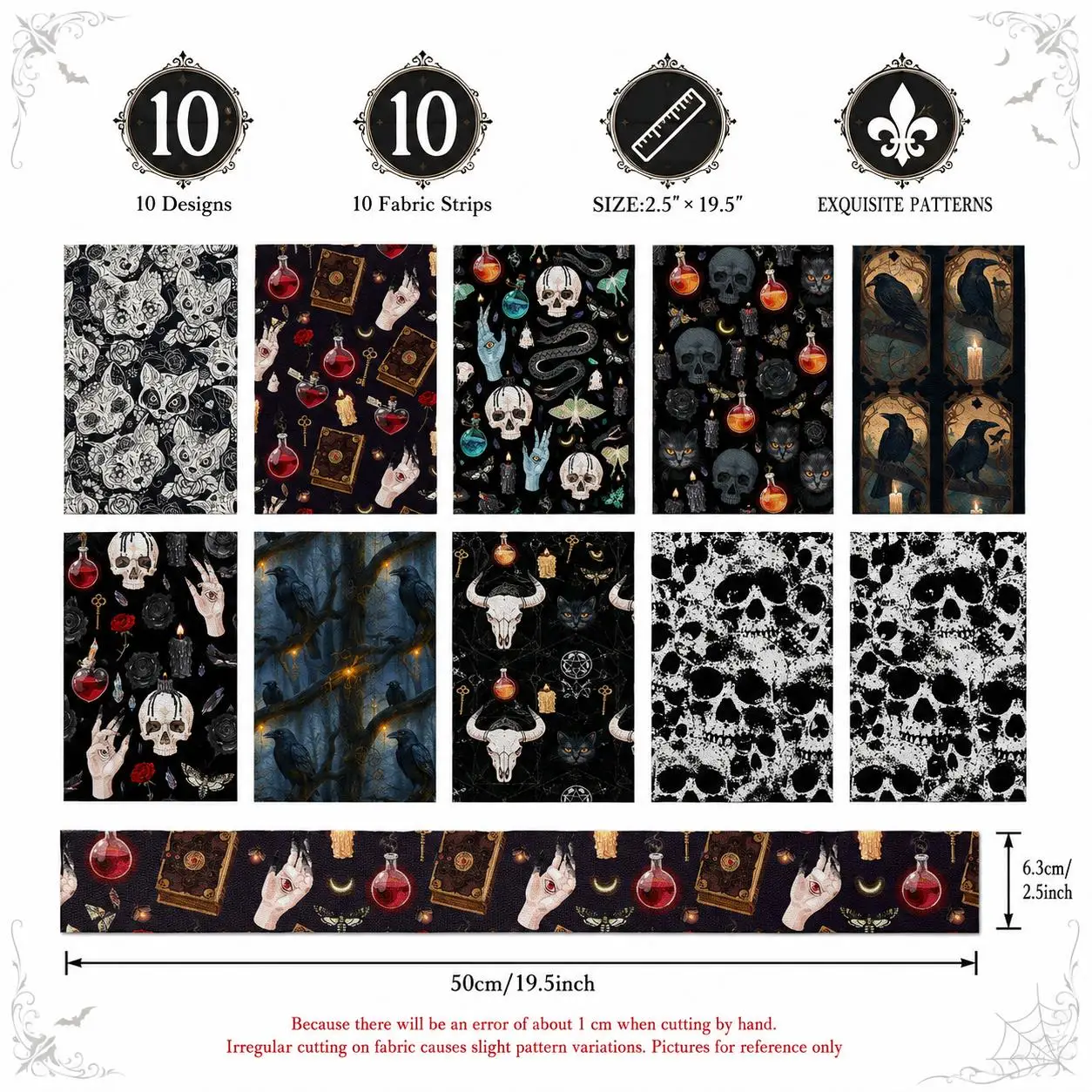 10pcs Skull Black Halloween Jelly Roll Fabric Strips 2.5X19.7inch Pre-Cut Cotton For Patchwork Quilts, Table Runners, Placemats