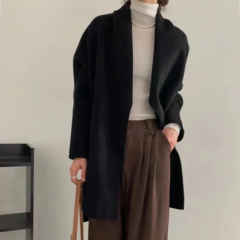 ฤดูใบไม้ร่วงและฤดูหนาวใหม่ 30 CASHMERE Coat ความยาวกลาง Lace Up Minimalist เสื้อคลุมอาบน้ําสไตล์ทอผ้าสองด้านหลวมเสื้อขนสัตว์สําหรับ