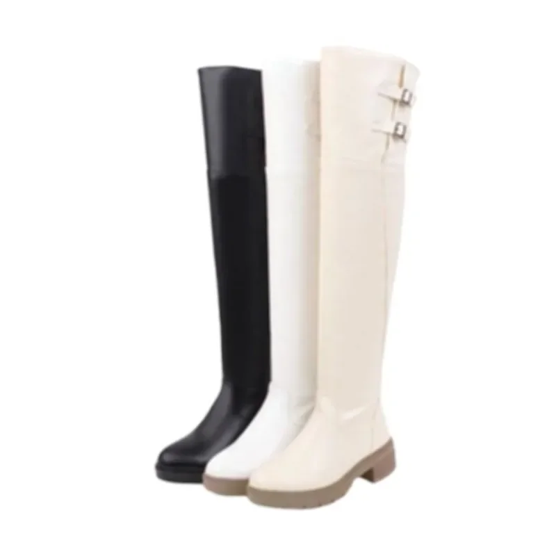 Autumn and Winter Faux Leather Women Long Boots Over The Knee Boots Thigh High Rider Round Toe Flat Boots Large Size 34-43