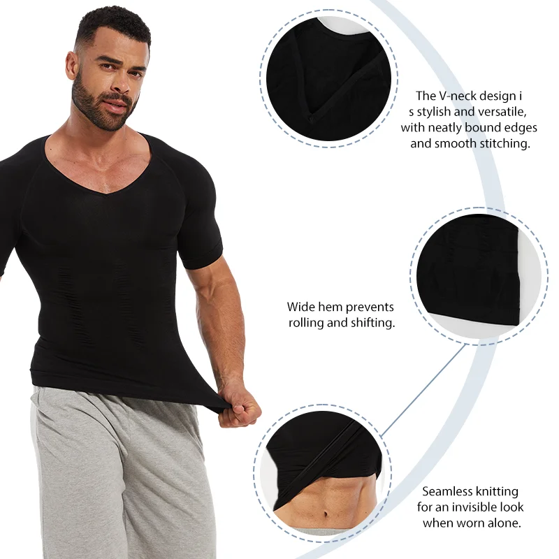 Miss Moly Men's V Neck T-Shirt Sexy Compression Short Sleeve Male Muscle Fitness Tight Summer Top Invisable Shapewear Underwear