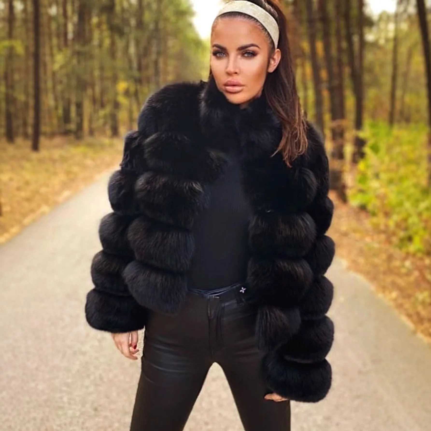 فو الفراء معاطف النساء الصلبة سترات من الفرو الوقوف طوق كم طويل مغطاة زر سميكة الدافئة الفراء فضفاضة تناسب عادية 2025 الخريف الشتاء #4