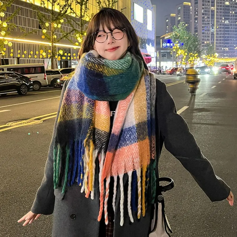 Korean Style Colorful Plaid Plush Shawl Thicken Windproof Rainbow Cashmere Scarf Pashmina Wool Winter Tassel Neckerchief Student