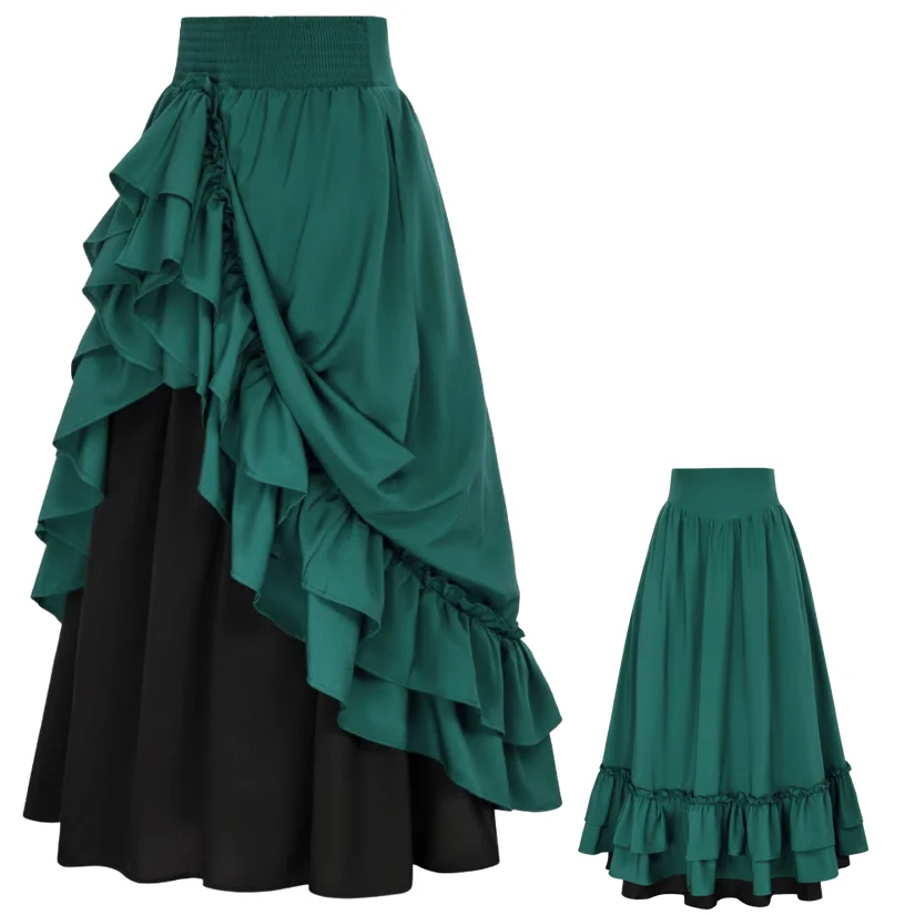 عصر النهضة زي المرأة الظهر مزدوجة كشكش طويل Shiring تنورة الخصر شريط مرن ماكسي طول عادية طبقة مزدوجة تنورة زر