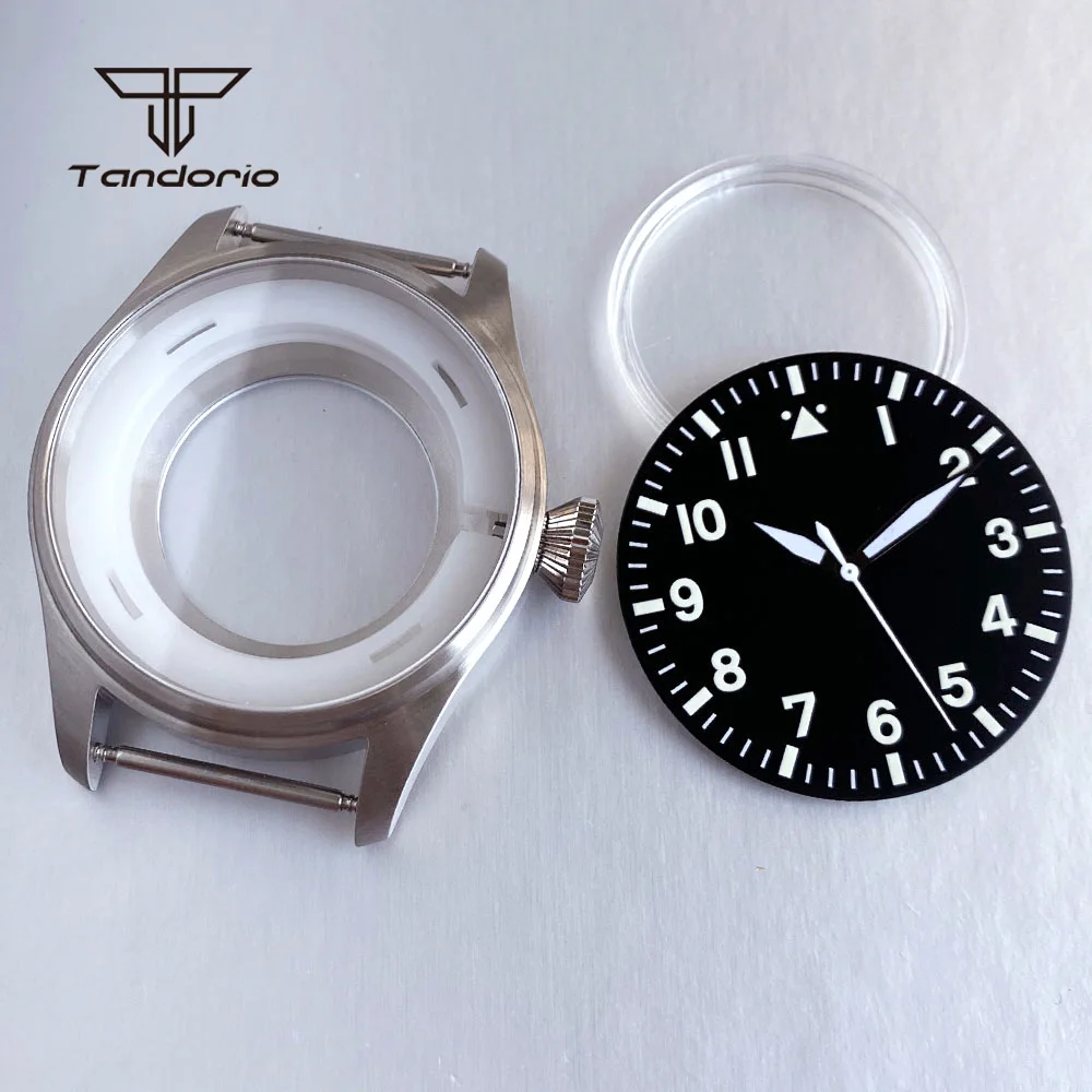 Steel 43mm Big Pilot Dive Watch Case+Dial Hands Set Sapphire 20BAR Clear Back Fit NH35 NH36 ETA2824 PT5000 Men Wristwatch Parts