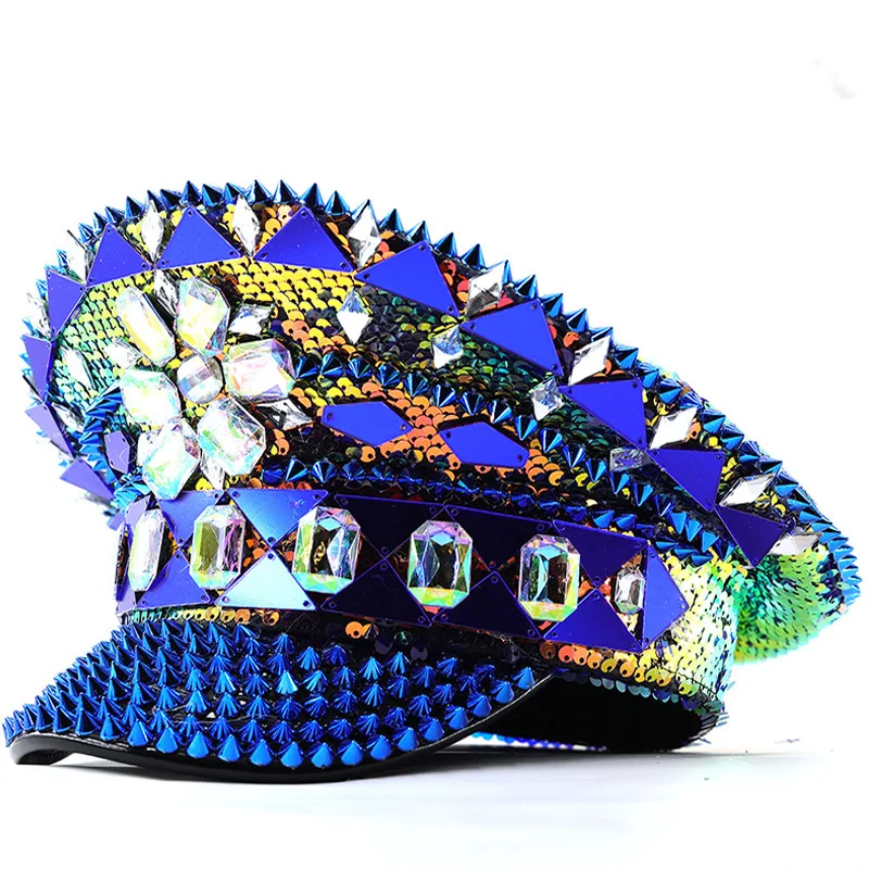 パンクスタイル-クライン-ブルー-スタッズ-スパンコール-レディース-ネイビー-パフォーマンス-ホットスタンピング-多用途象嵌ダイヤモンド-パーティー-ハット