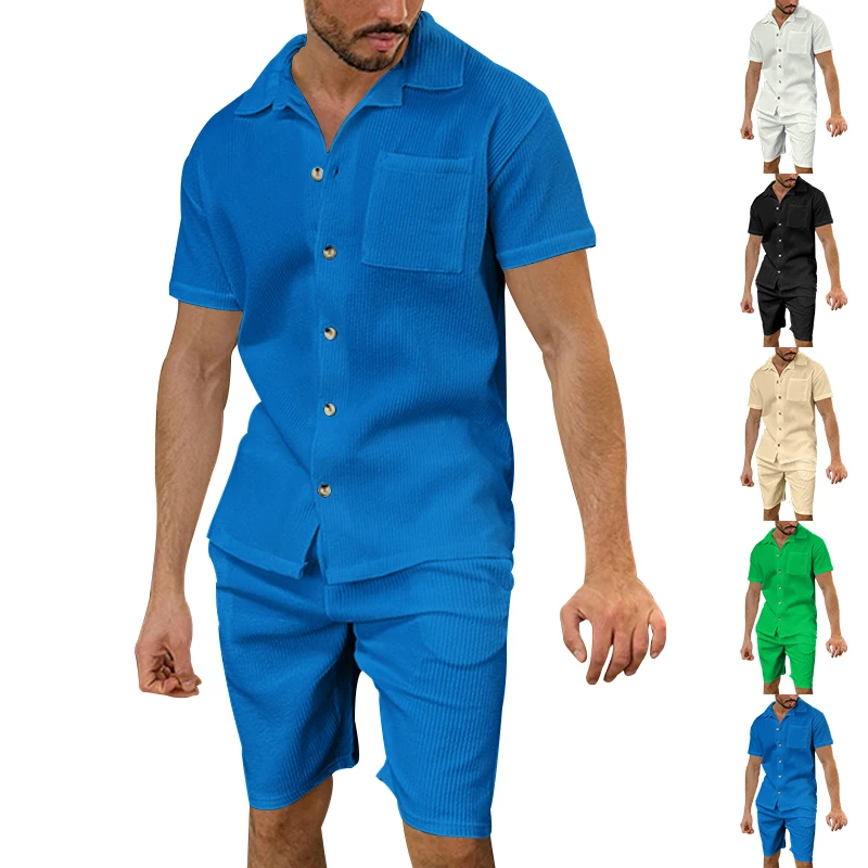 Ensemble cardigan et short 2 pièces pour homme, t-shirt à manches courtes, bouton à revers, vêtements de fête décontractés, document solide imbibé,