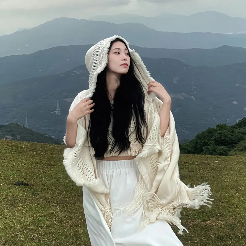 暖かいタッセルニットフード付きショールラップ大判スカーフ女性用クローク無地スカーフアクセサリーイブニングケープ女性用